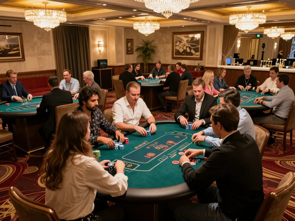 Experience the thrill of ดูหนังใหม่ with players engaged in dynamic poker strategies amidst a vibrant casino atmosphere.