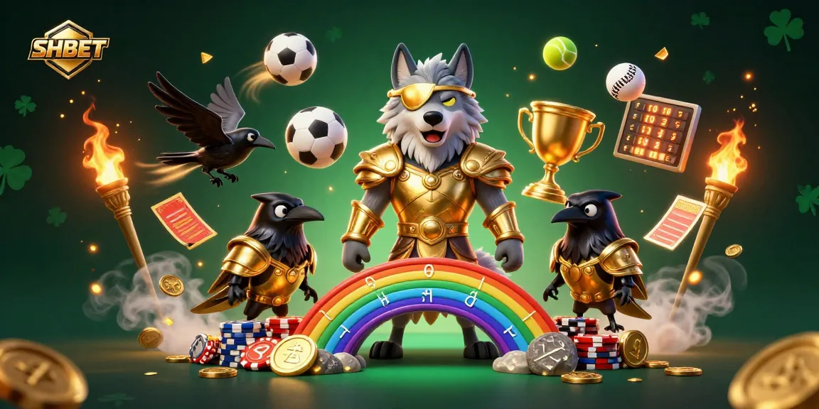 Bet on SHBET with excitement, featuring Odin wolf and sports elements in a vibrant casino scene.