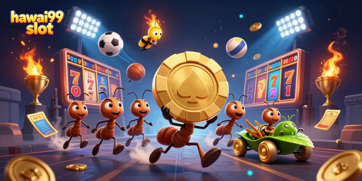 See hawai99 slot celebration as ants flee with a giant poker chip amidst dazzling casino elements.
