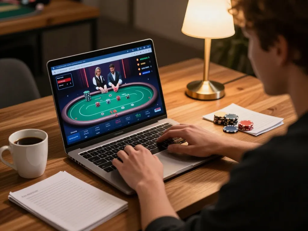 Person engaging in strategic online gaming at ATQ with poker interface displayed on laptop.