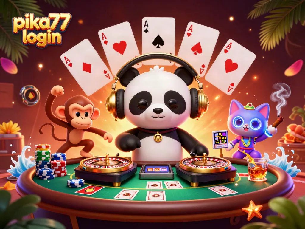 Experience the excitement of pika77 login with vibrant casino elements, DJ panda, and lively characters.