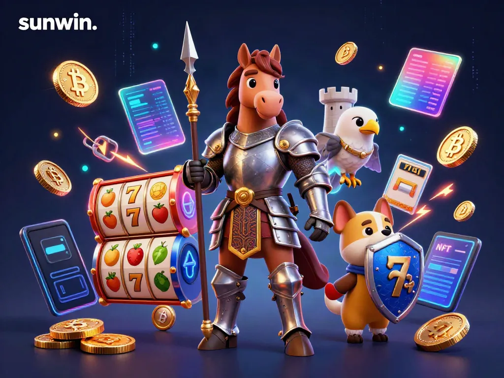 Experience the excitement of sunwin. through this dynamic casino-themed 3D illustration featuring knights and crypto elements.