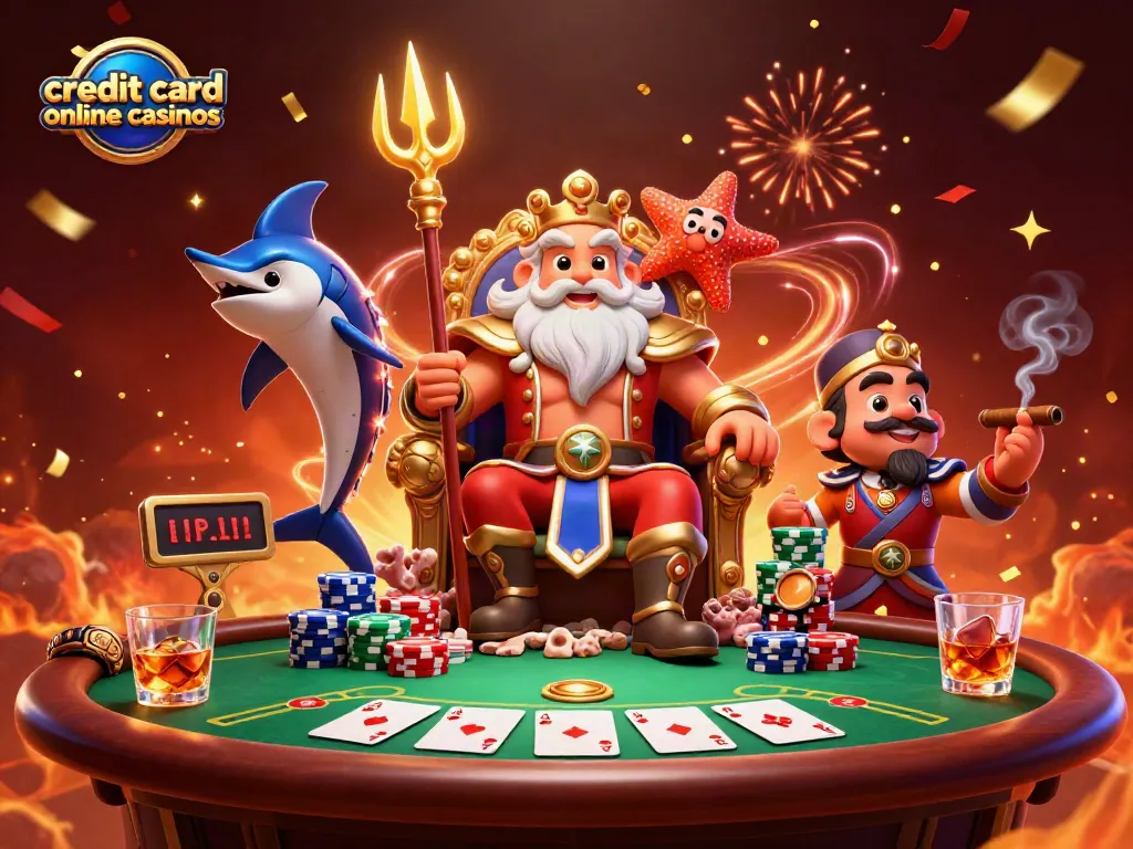 Experience excitement with credit card online casinos, featuring vibrant characters and poker elements.