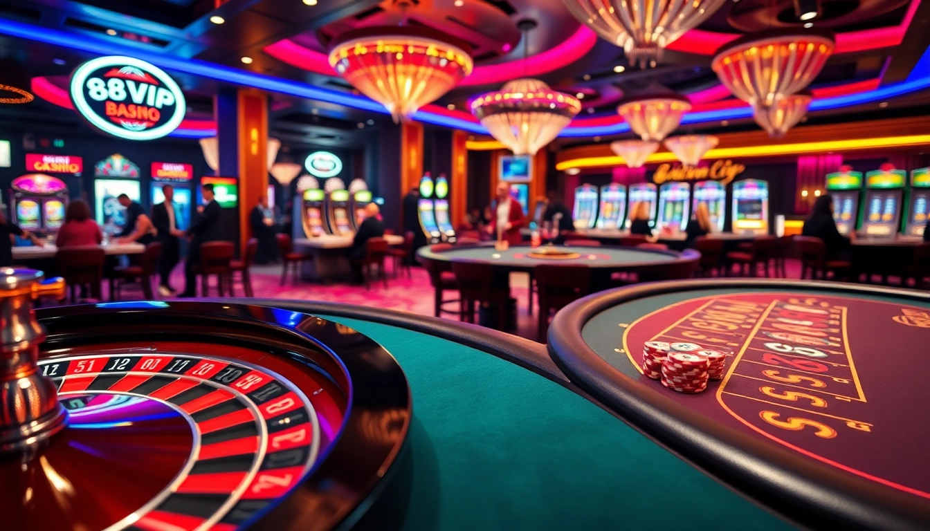 Engaging casino atmosphere at 68VIP with players enjoying poker and vibrant slot machines.