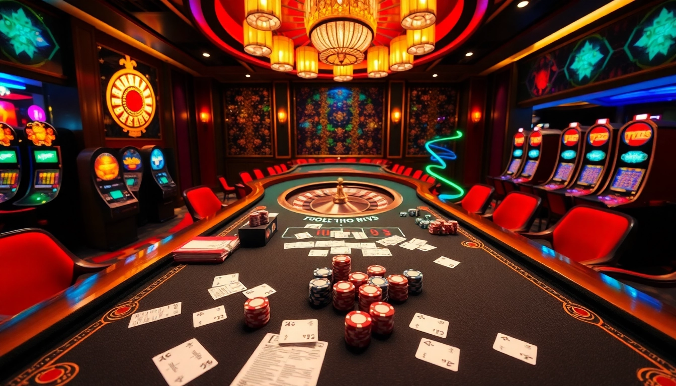 Excited players enjoying Togel China at a luxurious casino table surrounded by vibrant gaming elements.