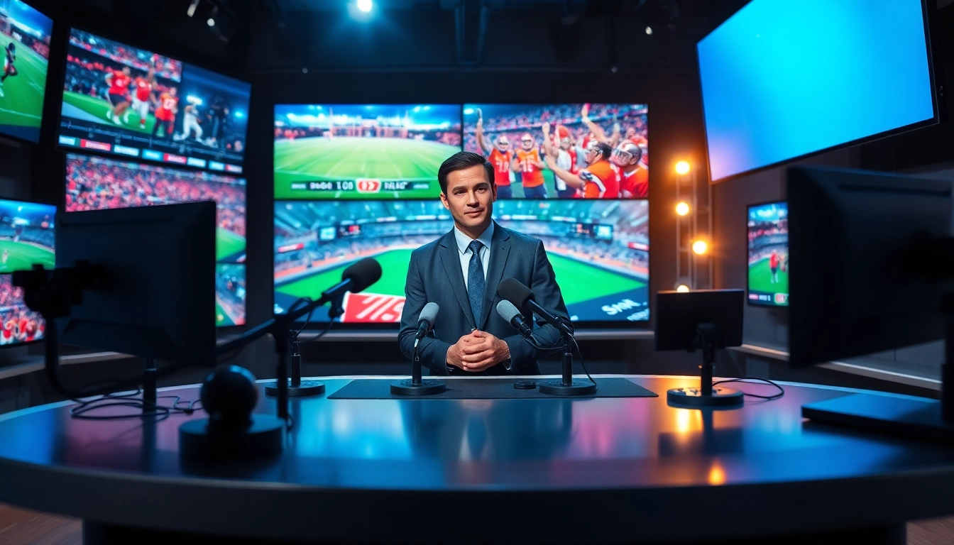Engaging sports broadcasting anchor presenting live updates in a professional studio.