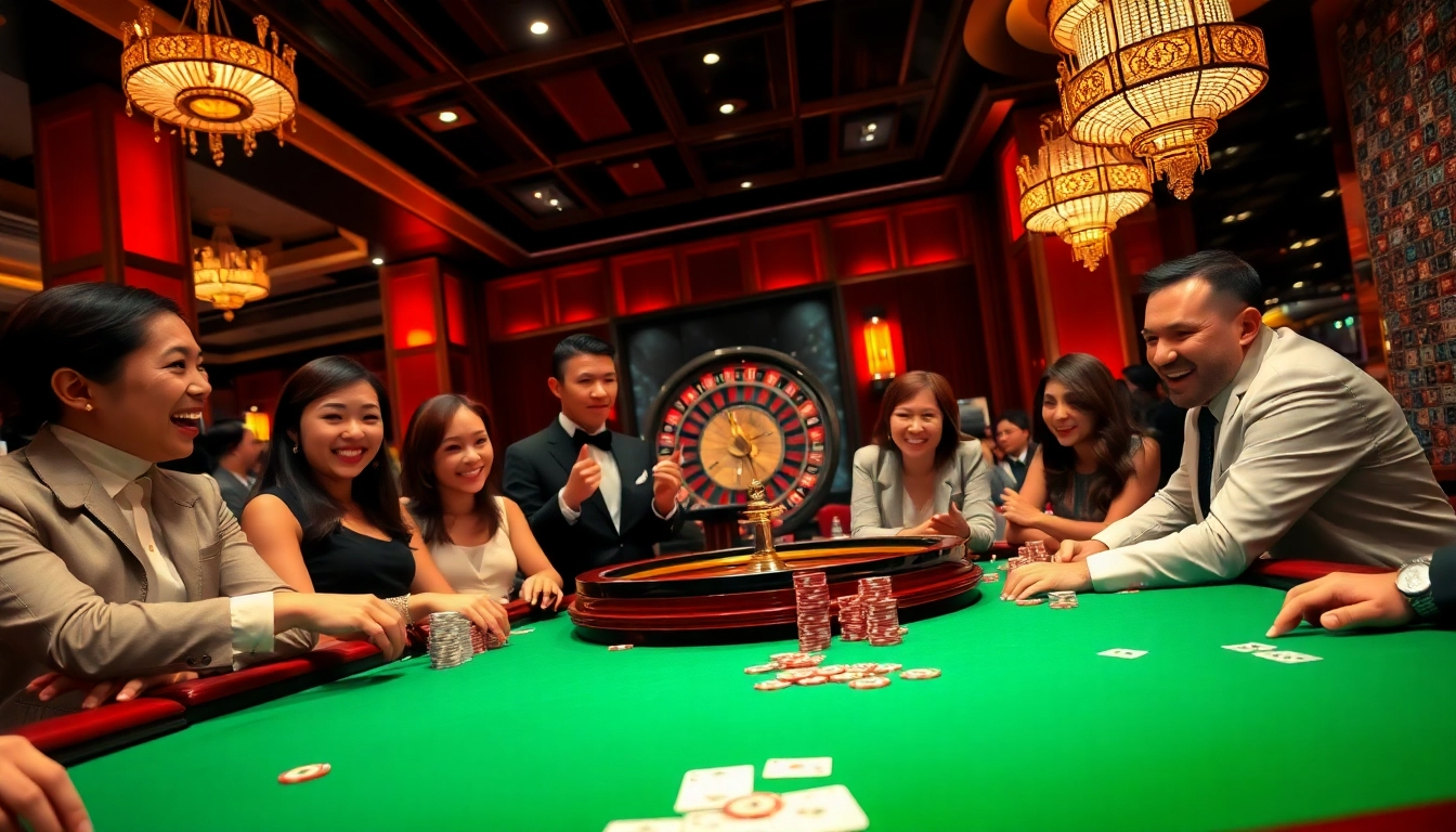 Players enjoying a thrilling casino experience at xin88, surrounded by poker chips and vibrant gaming tables.