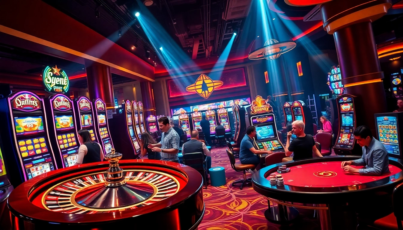 Engaging players in vibrant casinos for 'slot gacor hari ini' with colorful machines and a roulette wheel.