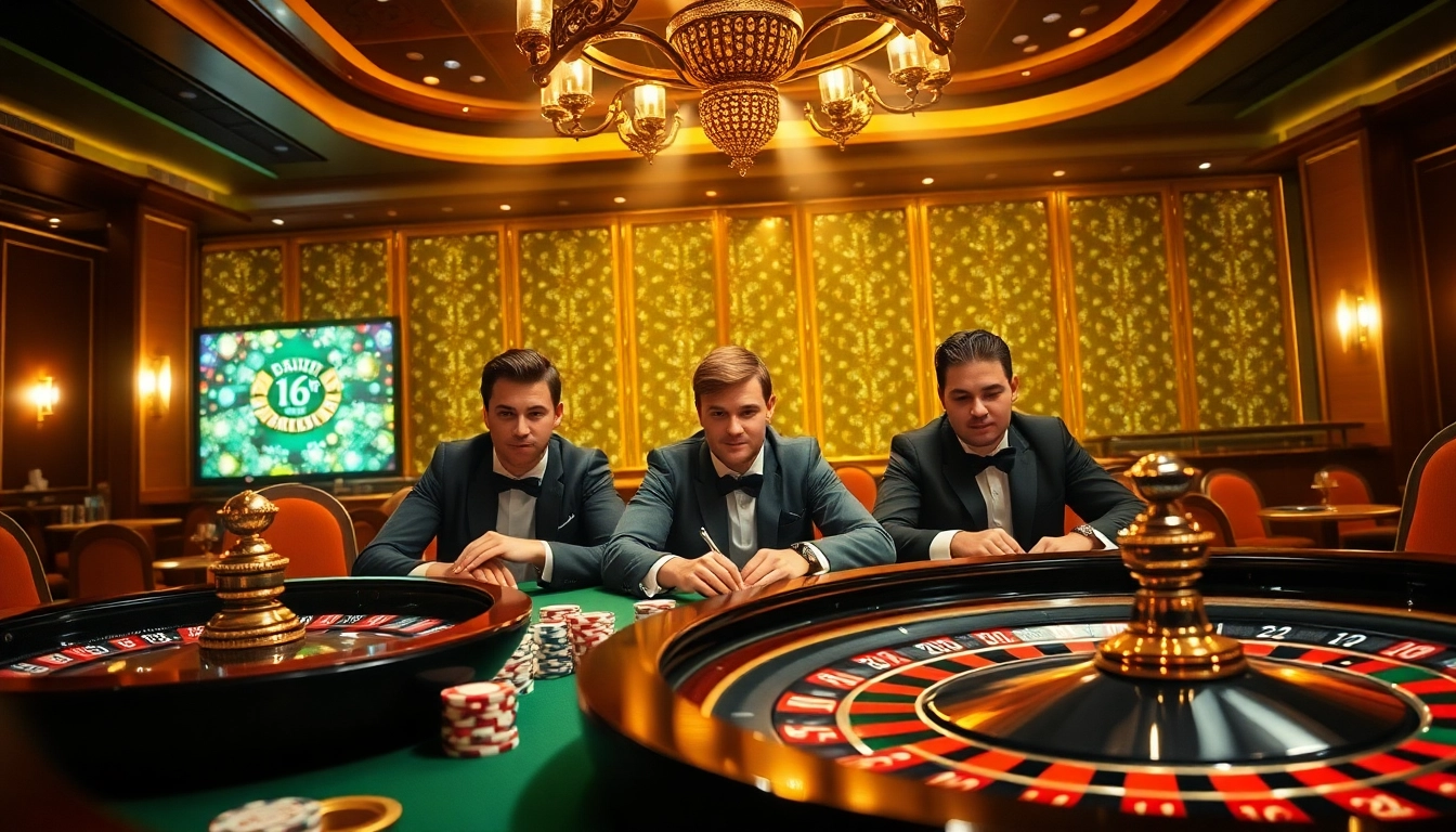 A high-stakes poker game at a luxurious casino showcasing expert players, linked to https://688v.games/ for cutting-edge betting.