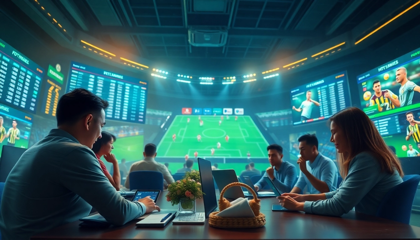 Exciting scene of trang cá cược bóng đá with betting slips, digital screens, and diverse players engaged in the experience.