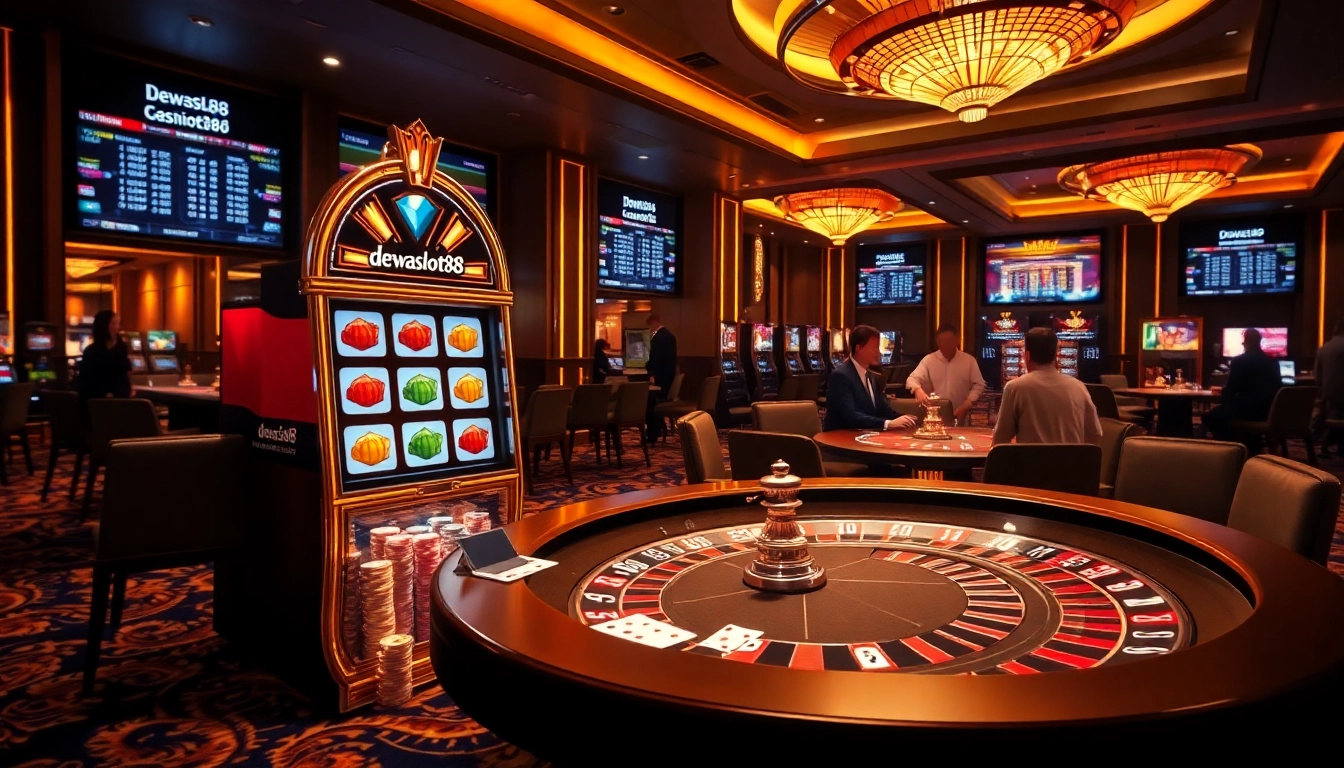 Dewaslot88 branded slot machine with poker chips and roulette wheel in a vibrant casino scene.