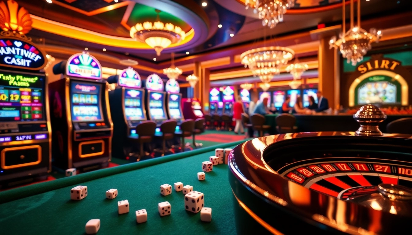 Ktp jitu players enjoying a vibrant casino atmosphere with slot machines and poker chips.