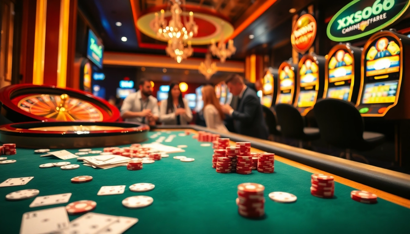 Xoso66 gamblers enjoying a thrilling night at a luxurious casino table with cards and chips.