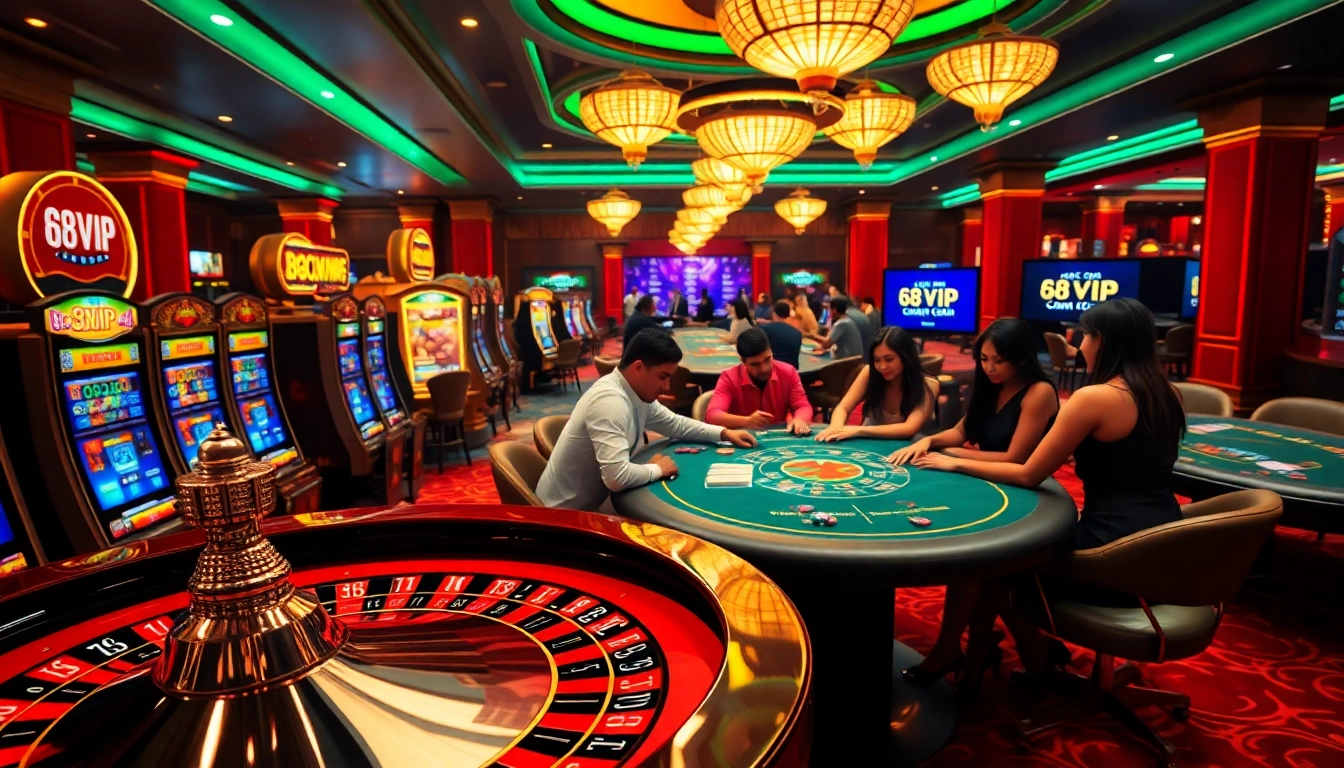 Experience the thrill of 68VIP.COM with players engaging in exciting casino games and vibrant slot machines.
